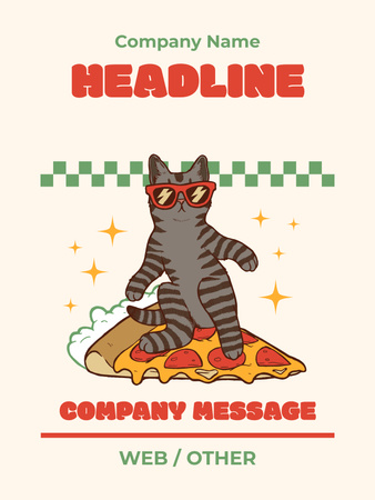 Pizzada Sevimli Kedi İllüstrasyonu ile Özel Teklif Poster US Tasarım Şablonu