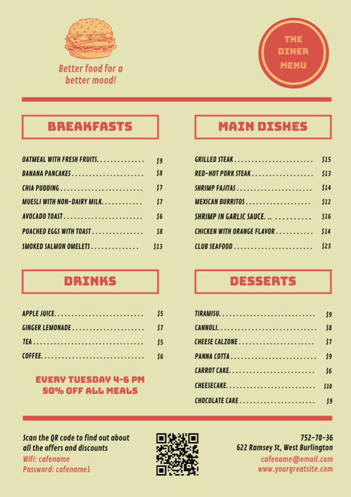 Diner Dishes and Drinks List in Retro Style Menu Modelo de Design