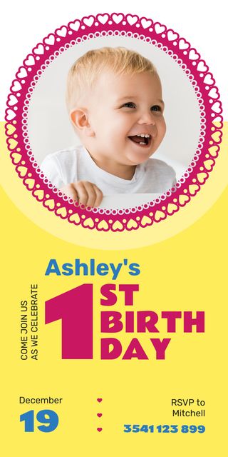 Baby Birthday Invitation Adorable Child in Frame  Graphic Design Template