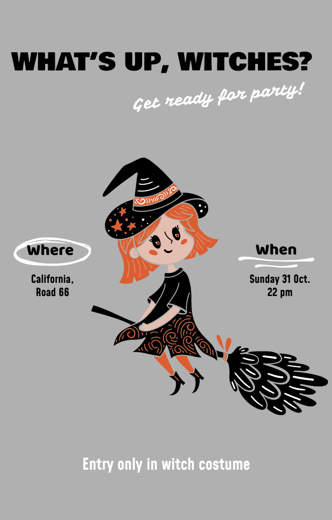 Plantilla de diseño de Halloween Party With Little Witch On Broom Invitation 4.6x7.2in 