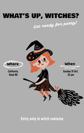 Designvorlage Halloween-Party mit kleiner Hexe auf dem Besen für Invitation 4.6x7.2in
