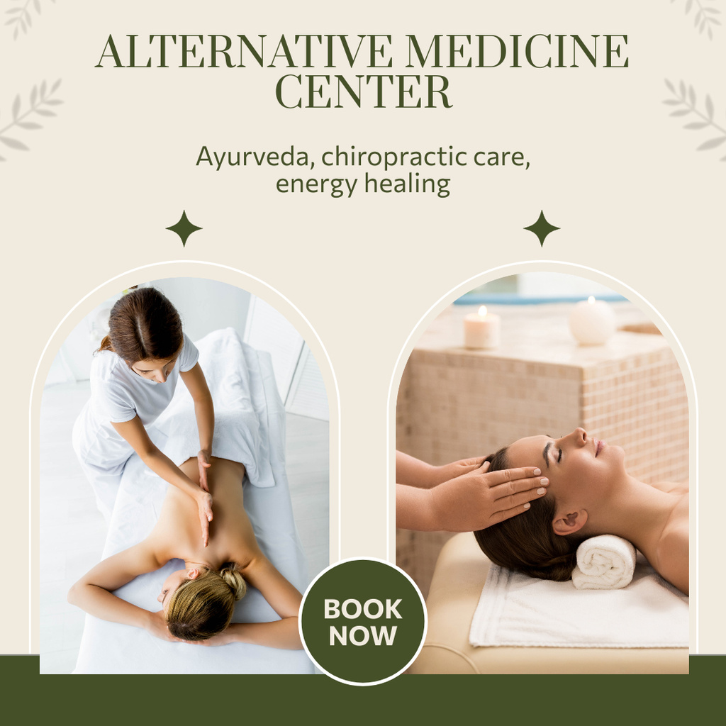 Alternative Medicine Center With Booking And Therapies Instagram AD Design Template