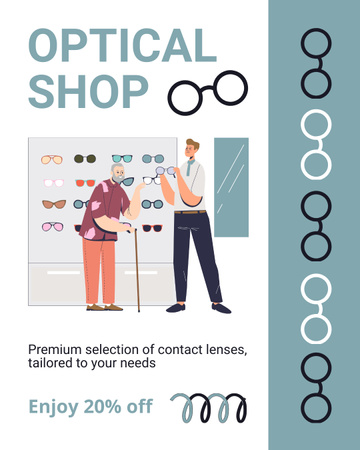 Ontwerpsjabloon van Instagram Post Vertical van Adverterende optische winkel met vriendelijke adviseur