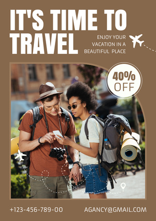Multiracial Travelers Walking by Town Poster Design Template