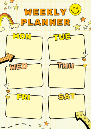 Designvorlage Wochennotizen mit niedlichen Cartoon-Zeichnungen für Schedule Planner