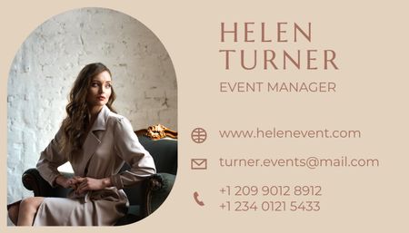 Event Manager Services Offer withYoung Woman Business Card US Design Template