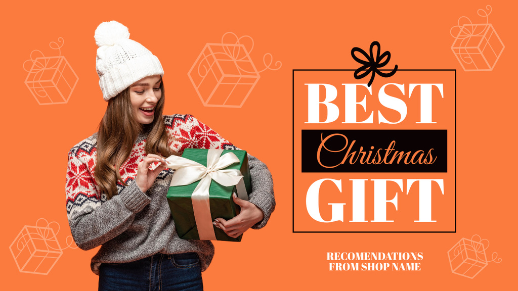 Designvorlage Cheerful Young Woman Holding Christmas Gift für Youtube Thumbnail