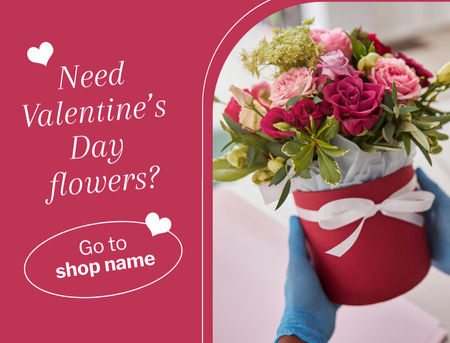 Valentine’s Day Flower Shop Offer with Beautiful Bouquet Postcard 4.2x5.5in – шаблон для дизайна