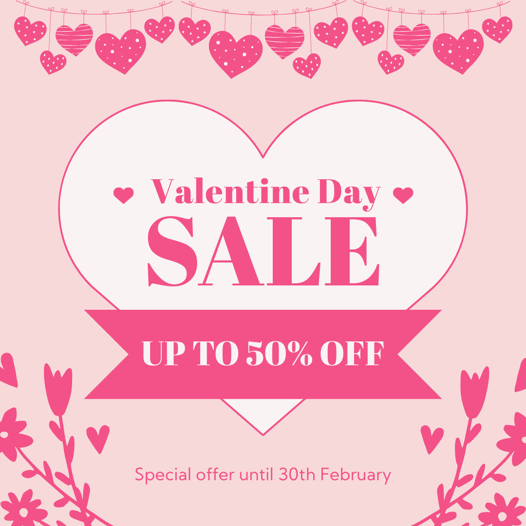Valentine's Day Special Sale Announcement with Pink Hearts and Flowers Instagram ADデザインテンプレート