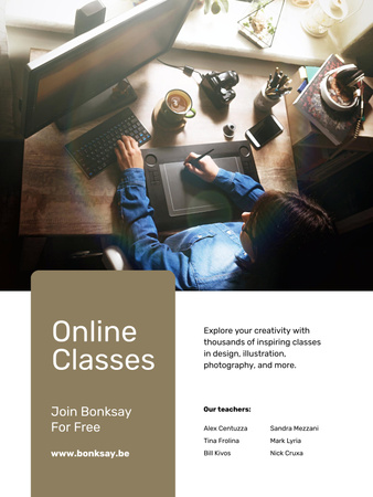 Online Art Classes Ad with Laptop and Drawings Poster US tervezősablon