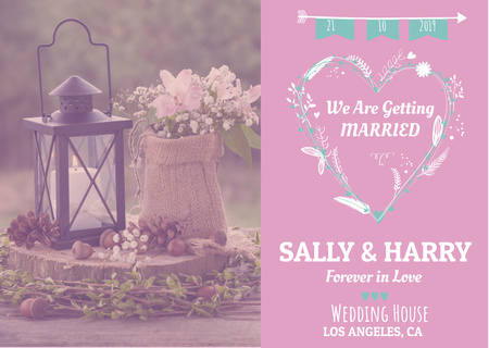 Ontwerpsjabloon van Postcard van Wedding Invitation with Flowers in Pink