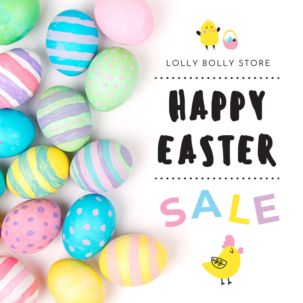 Happy Easter sale with eggs and chicks Instagram AD Design Template