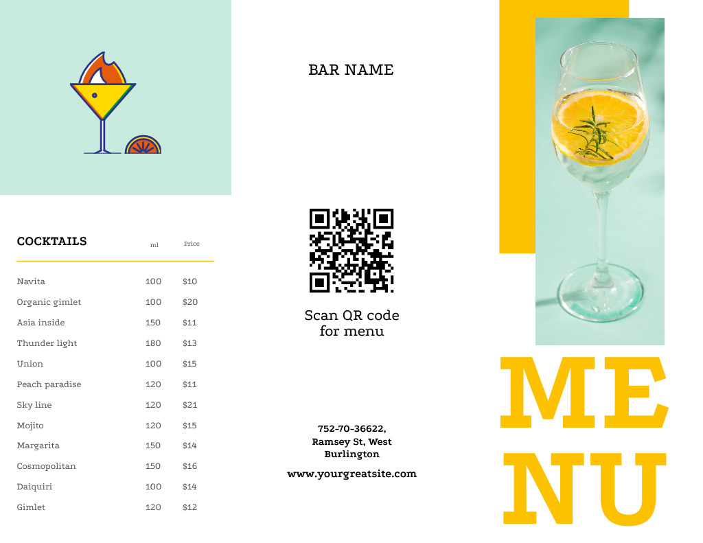 Designvorlage Bar Offer With Cocktails List für Menu 11x8.5in Tri-Fold