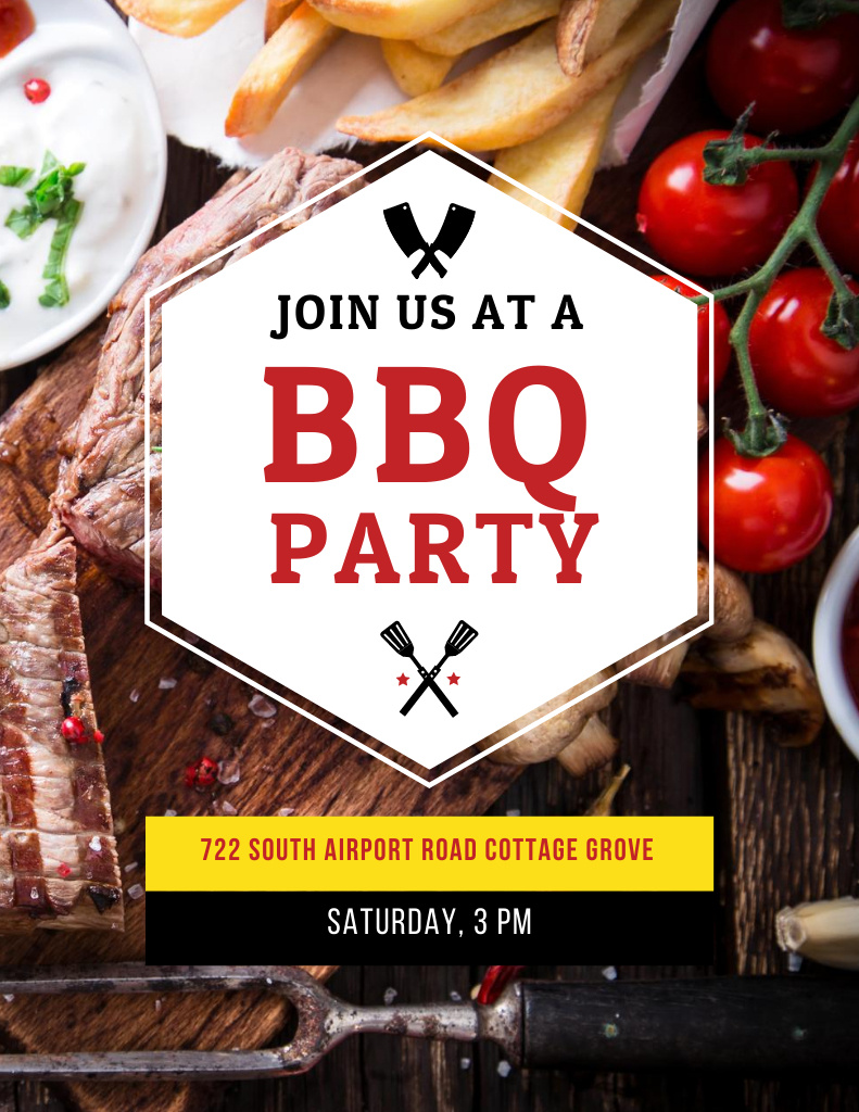 Template di design Amazing BBQ Party with Grilled Steak Poster 8.5x11in