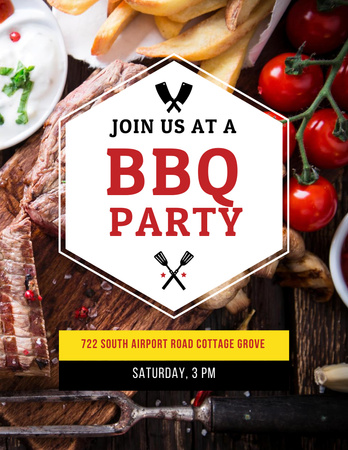 BBQ Party Invitation with Grilled Steak Poster 8.5x11in Design Template