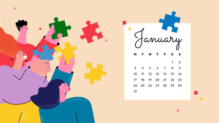 People with Puzzles Calendar Design Template