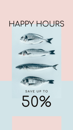 happy hours προσφορά για φρέσκα ψάρια Instagram Story Πρότυπο σχεδίασης