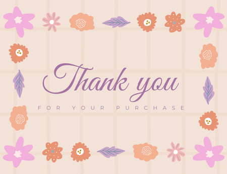 Thank You For Your Purchase Message with Cute Colorful Flowers Thank You Card 5.5x4in Horizontal Design Template