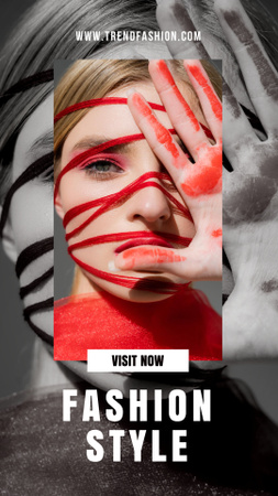Beautiful Woman with Red Makeup and Red Thread in Face Instagram Story Design Template