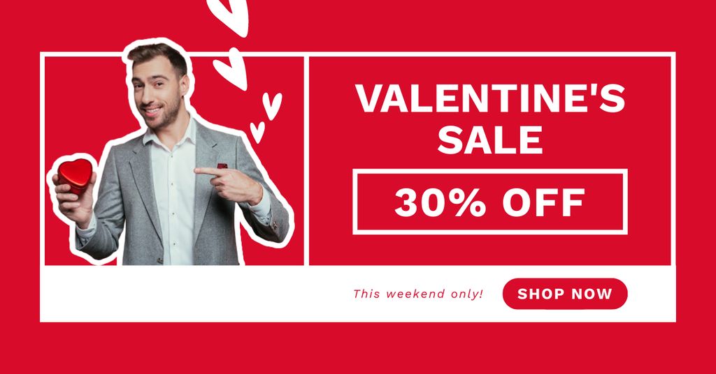 Valentine's Day Sale Announcement with Young Attractive Man Facebook AD Tasarım Şablonu
