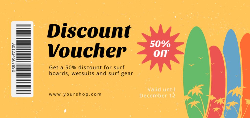 Surfing Gear Sale Offer with Colorful Surfboards Coupon Din Large Πρότυπο σχεδίασης