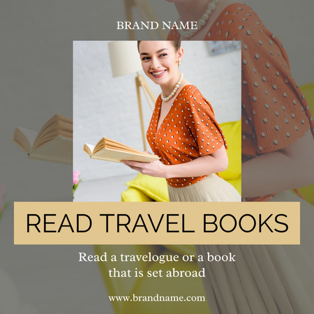 Woman is Retro Outfit is Reading Travel Book Instagram Design Template