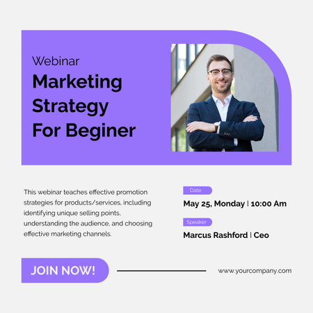Ontwerpsjabloon van LinkedIn post van Webinar over marketingstrategie voor beginners