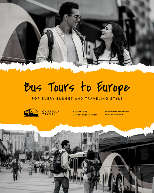 Szablon projektu Bus Tours Ad with Travellers on Black and White Photos Poster 16x20in