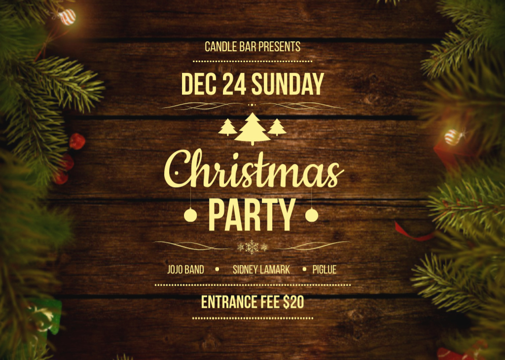Christmas Party Invitation with Garland and Tree Flyer 5x7in Horizontal Design Template