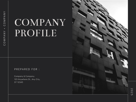 Vállalati profil leírása fekete irodaházzal Presentation tervezősablon