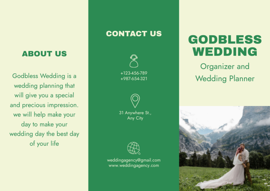 Template di design Wedding Planner Agency Offer with Beautiful Couple in Mountain Valley Brochure