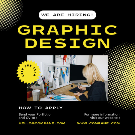Graphic Designer Vacancy Ad with Woman at Computer Instagram Design Template