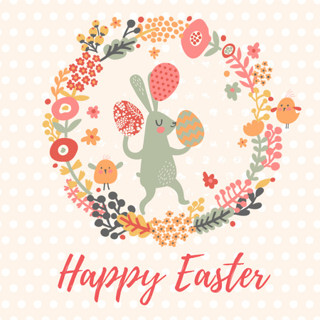 Easter Bunny with Colored Eggs in Flowers Frame  Animated Post Design Template