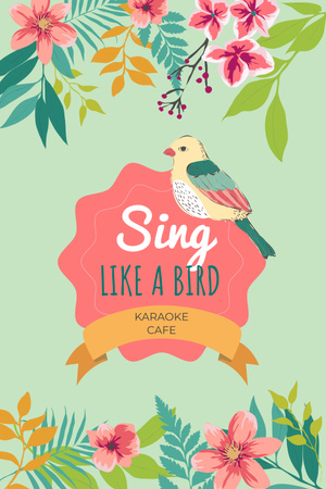 Karaoke Cafe Ad with Cute Singing Bird in Flowers Pinterest Design Template