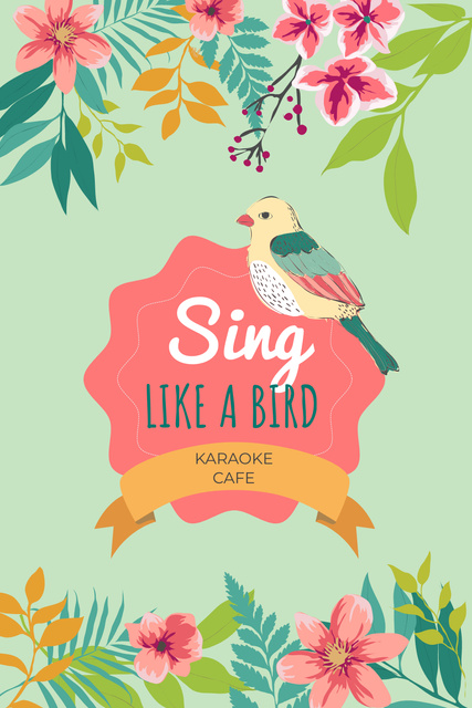 Ad of Karaoke Cafe with Cute Singing Bird in Flowers Pinterest Design Template