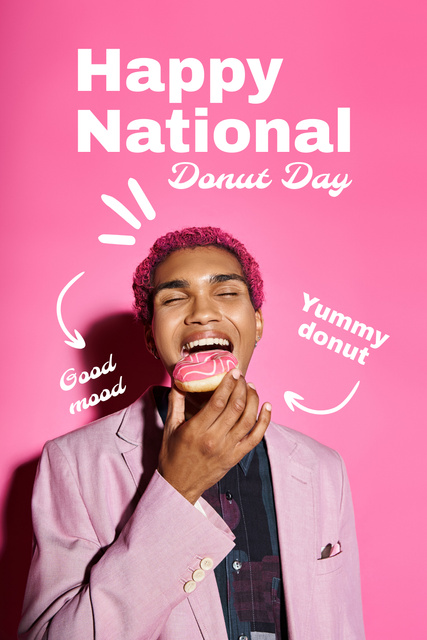 National Doughnut Day Greeting with Smiling Man Pinterest Design Template