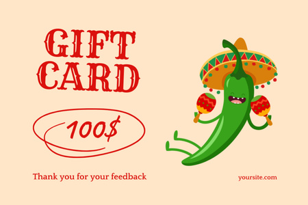 Mexican Restaurant Ad with Funny Pepper in Sombrero Gift Certificate Design Template