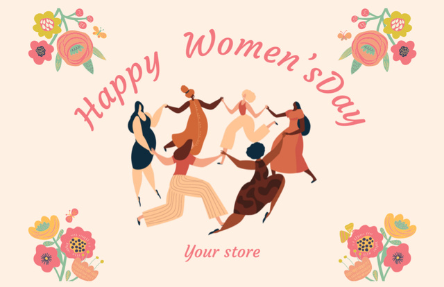 Ontwerpsjabloon van Thank You Card 5.5x8.5in van Global Female Empowerment Day Greeting With Women Dancing Together
