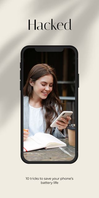 Smiling Girl using Smartphone Graphic Modelo de Design