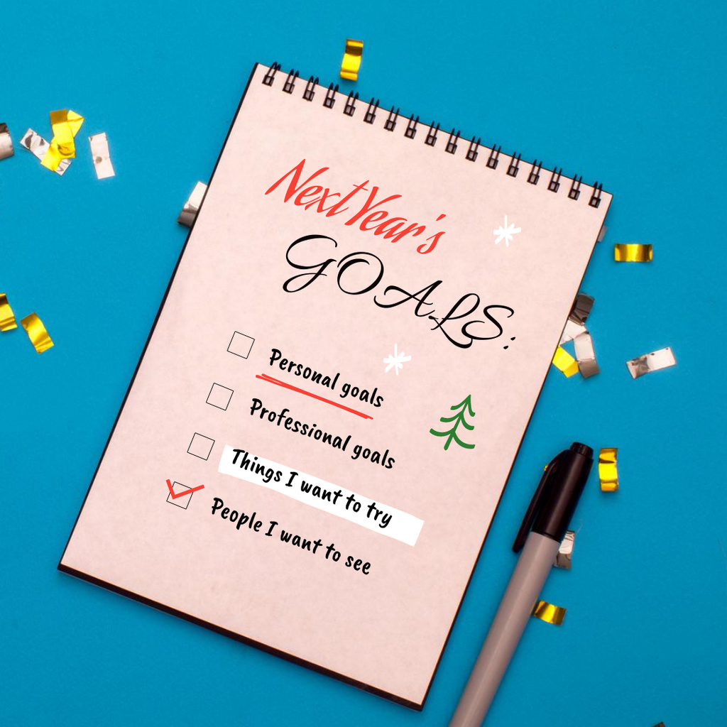 Designvorlage New Year Goals in Notebook für Instagram