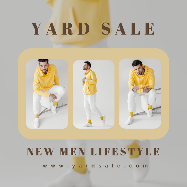 Male Clothes Sale Ad with Man in Yellow and White Outfit Instagram Modelo de Design