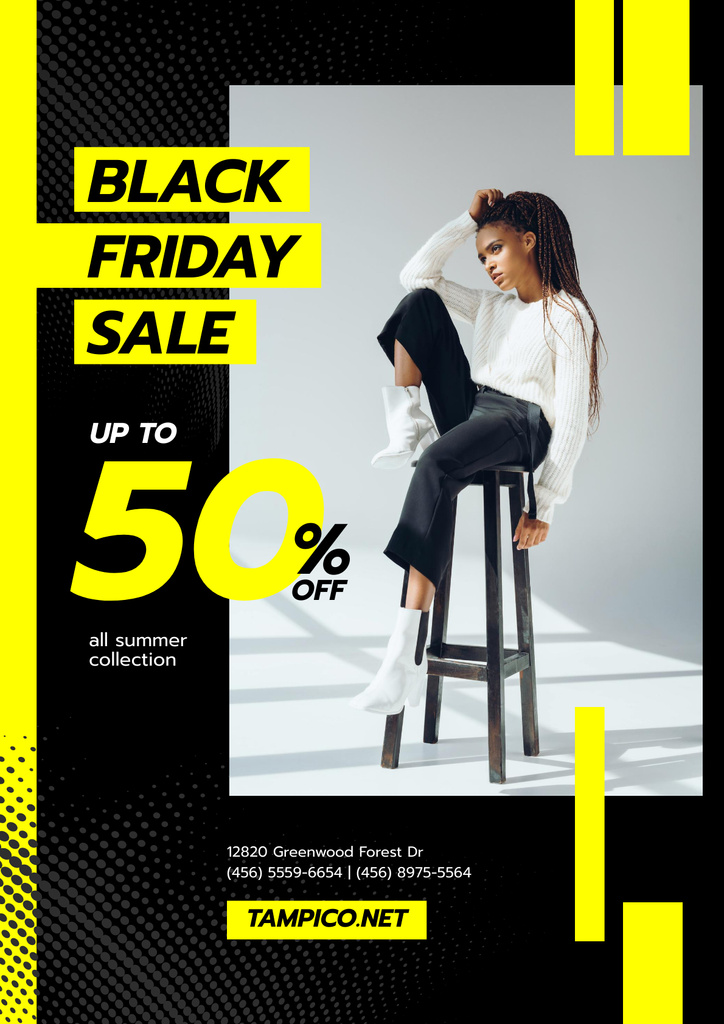 Plantilla de diseño de Black Friday Sale with Woman in Stylish Clothes Poster 