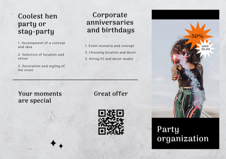 Designvorlage Party Organization Services Offer with Woman in Bright Outfit für Brochure Din Large Z-fold
