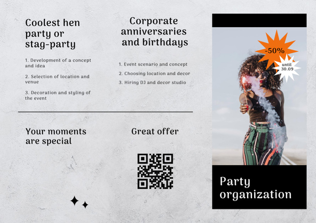 Designvorlage Perfect Party And Anniversary Organization Services Offer für Brochure Din Large Z-fold