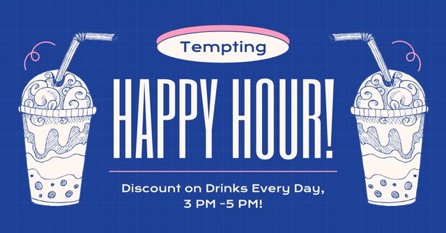 Happy Hour Ad with Illustration of Drink Facebook AD Design Template