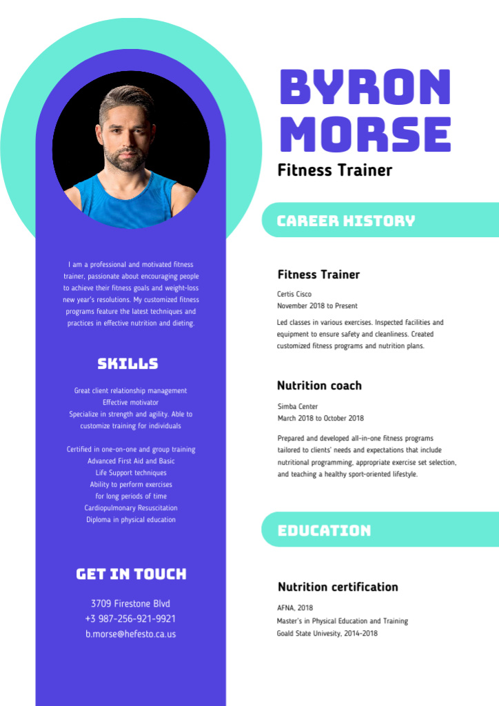 Szablon projektu Professional Fitness trainer skills and experience Resume