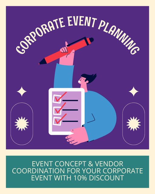 Plantilla de diseño de Corporate Event Planning Services with Funny Character Instagram Post Vertical 