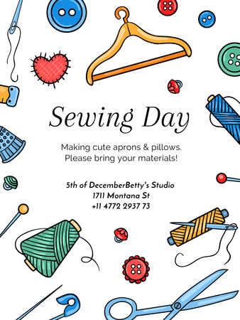 Designvorlage Sewing Day Announcement with Cartoon Accessories für Poster 36x48in