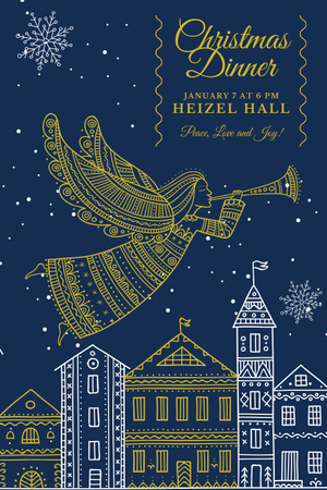 Christmas Dinner Invitation with Angel Flying over City Pinterest Design Template