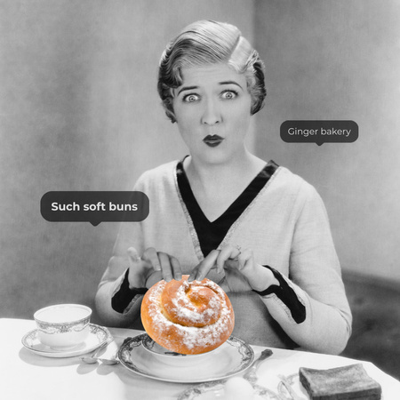 Ontwerpsjabloon van Instagram van bakkerij promotie met grappige vrouw en broodje op plaat